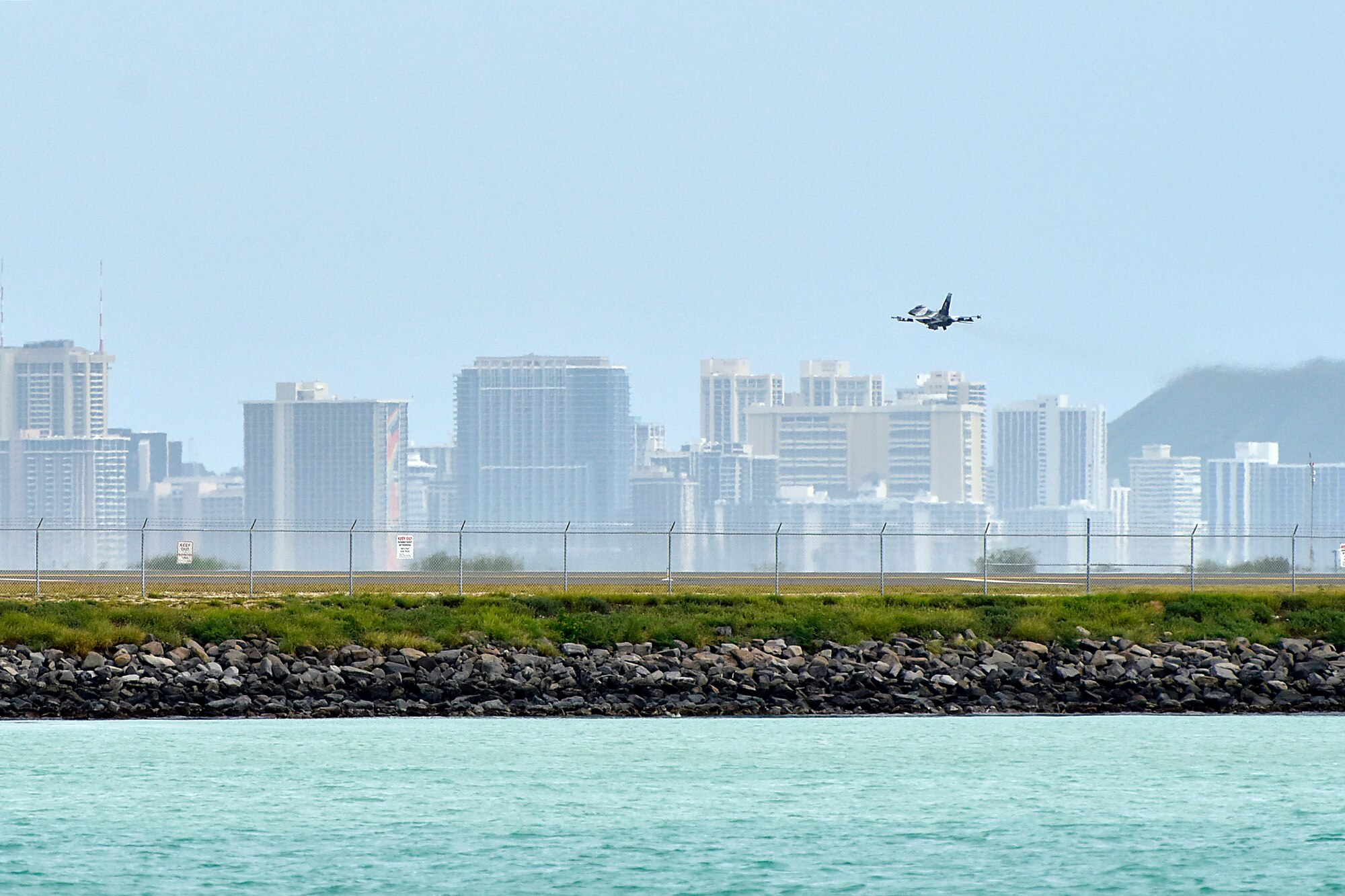 An F-16 Fighting Falcon assigned to the 18th Aggressor Squadron takes off during Sentry Aloha 20-1 at Joint Base Pearl Harbor-Hickam, Hawaii, Jan. 15, 2020. Sentry Aloha provides high quality training to U.S. Air Force, Air National Guard and other Department of Defense services to increase lethality and readiness for present and future warfighters. (U.S. Air Force photo by Senior Airman Beaux Hebert)