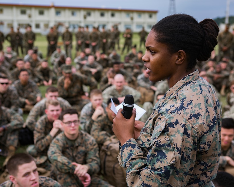 U.S. Marine Corps Cpl. Ashley Constant, a network administrator with Headquarters and Support Battalion, Marine Corps Installations Pacific, speaks to Marines and sailors after a hike in honor of Martin Luther King Jr. around Camp Foster, Okinawa, Japan on Jan. 16, 2019.