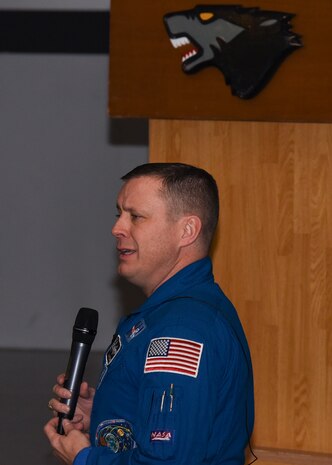 U.S. Air Force Col. Jack Fischer, 50th Space Wing vice commander, speaks to a group of Wolf Pack members at the base theater during his visit at Kunsan Air Base, Republic of Korea, Jan. 22, 2020. Fischer visited Kunsan to share his advice on opportunity, resiliency and work-life balance. (U.S. Air Force photo by Staff Sgt. Anthony Hetlage)