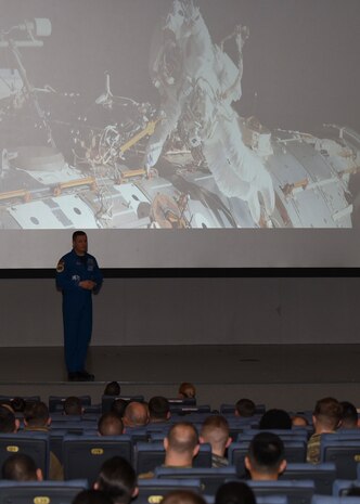 U.S. Air Force Col. Jack Fischer, 50th Space Wing vice commander, speaks to a group of Wolf Pack members at the base theater during his visit at Kunsan Air Base, Republic of Korea, Jan. 22, 2020. Fischer has spent more than 130 days in space conducting hundreds of scientific experiments and two spacewalks. (U.S. Air Force photo by Staff Sgt. Anthony Hetlage)