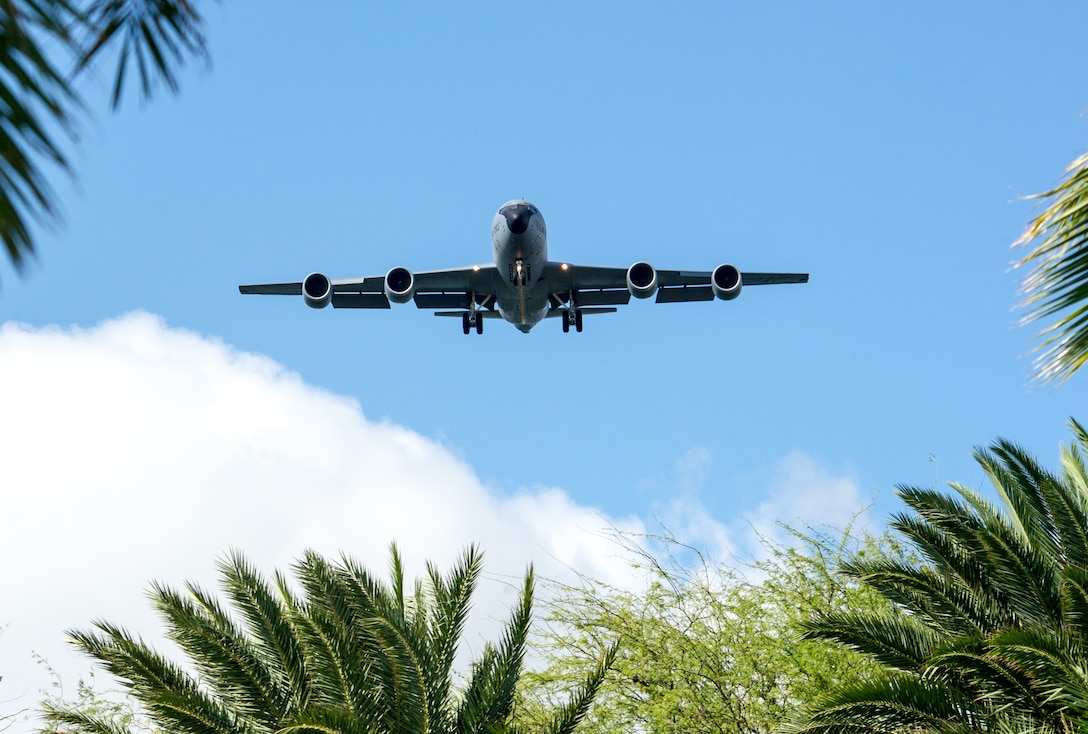 A KC-135R Stratotanker, assigned to the 128th Air Refueling Wing, Wisconsin Air National Guard, approaches Honolulu Airport for a landing Jan. 17, 2020, during exercise Sentry Aloha 20-1. Stratotankers provided in-air refueling to F-15 Eagles, F-16 Fighting Falcons and F-22 Raptors as they conducted a series of dissimilar-air-combat-training missions. Sentry Aloha provides high quality training to U.S. Air Force, Air National Guard and other Department of Defense services to increase lethality and readiness for present and future warfighters. (U.S. Air National Guard photo by Senior Airman John Linzmeier)