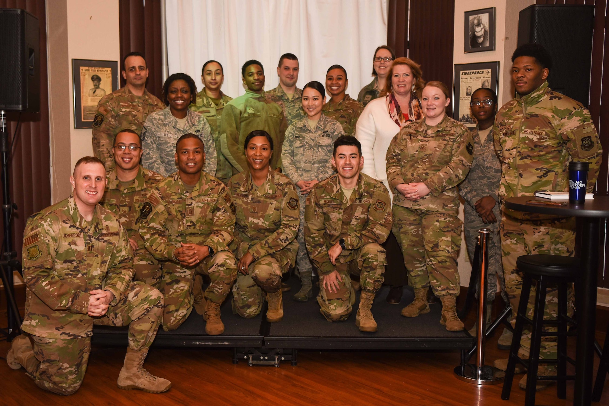 Airmen from Team McConnell pose for a photo after attending Refuel You hosted by Chief Master Sgt. Melissa Royster, 22nd Air Refueling Wing command chief, Jan. 22, 2020, at McConnell Air Force Base, Kansas. Refuel You is held once a month and welcomes Airmen of all ranks from across McConnell. This program gives the Airmen an opportunity to discuss challenges with the base’s highest enlisted leader. (U.S. Air Force photo by Airman 1st Class Alexi Bosarge)