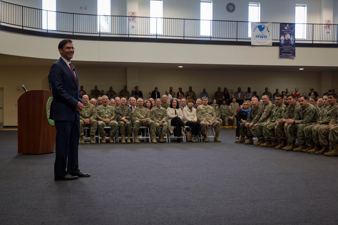Defense Secretary Mark T. Esper speaks to SOUTHCOM service members and civilians during his visit to the SOUTHCOM Headquarters, in Doral, Fl., Jan. 23, 2020.