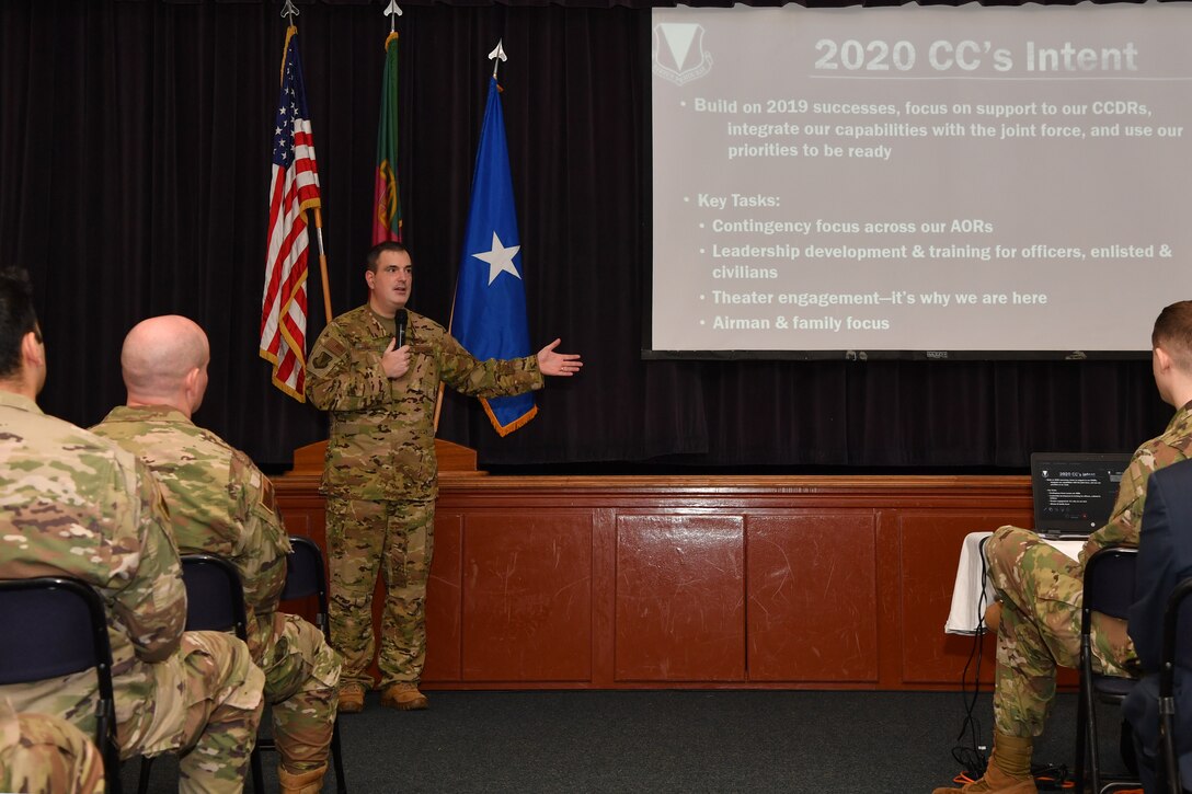 U.S. Air Force Brig. Gen. Mark R. August, 86th Airlift Wing commander, discusses commander’s intent during an all-call at Lajes Field, Portugal, Jan. 21, 2020.