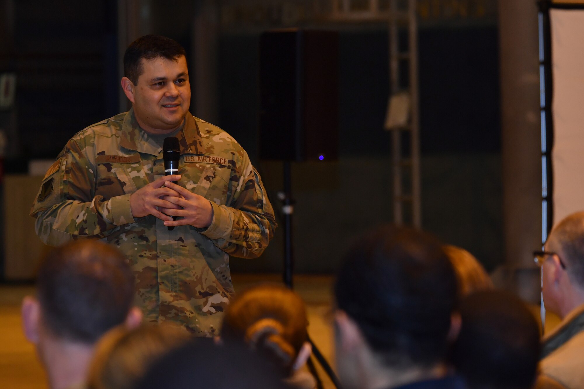 U.S. Air Force Chief Master Sgt. Ernesto J. Rendon, 86th Airlift Wing command chief, speaks to Airmen during an all-call at Ramstein Air Base, Germany, Jan. 23, 2020.