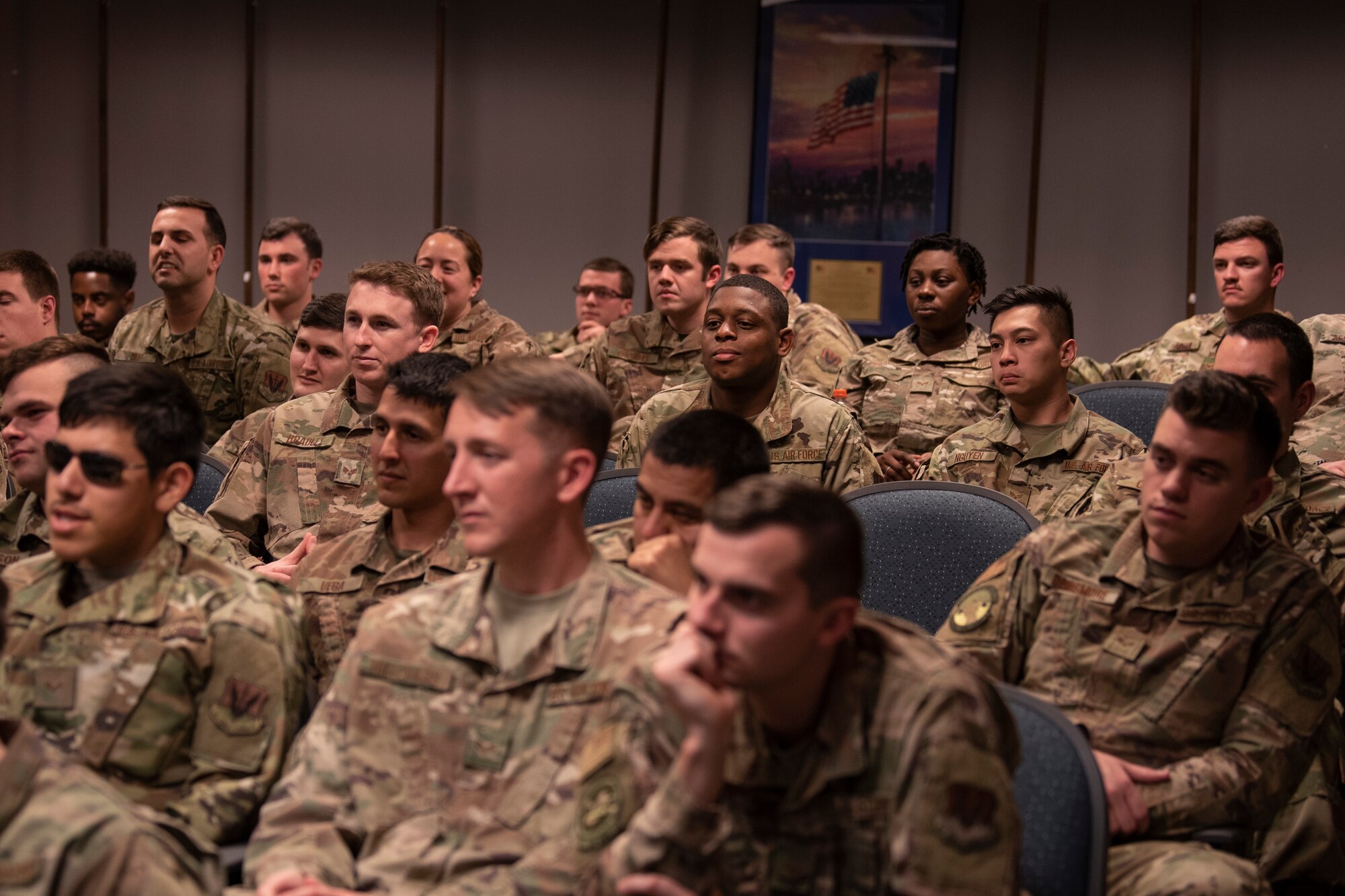 A photo of Airmen listening leadership during the Airman Leadership School Class 20-B’s Chief Panel.