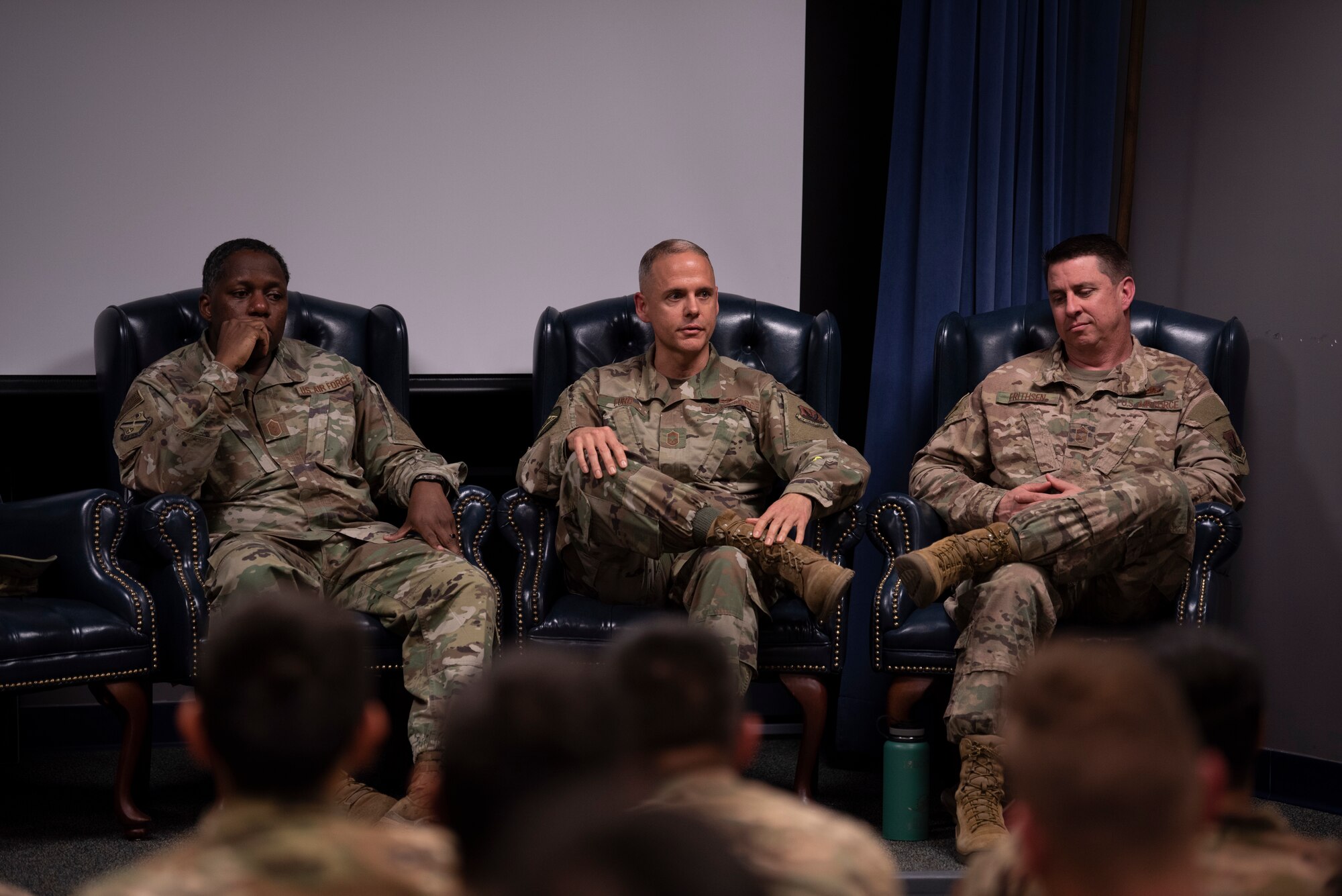 A photo of leadership answering questions during the Airman Leadership School Class 20-B’s Chief Panel.
