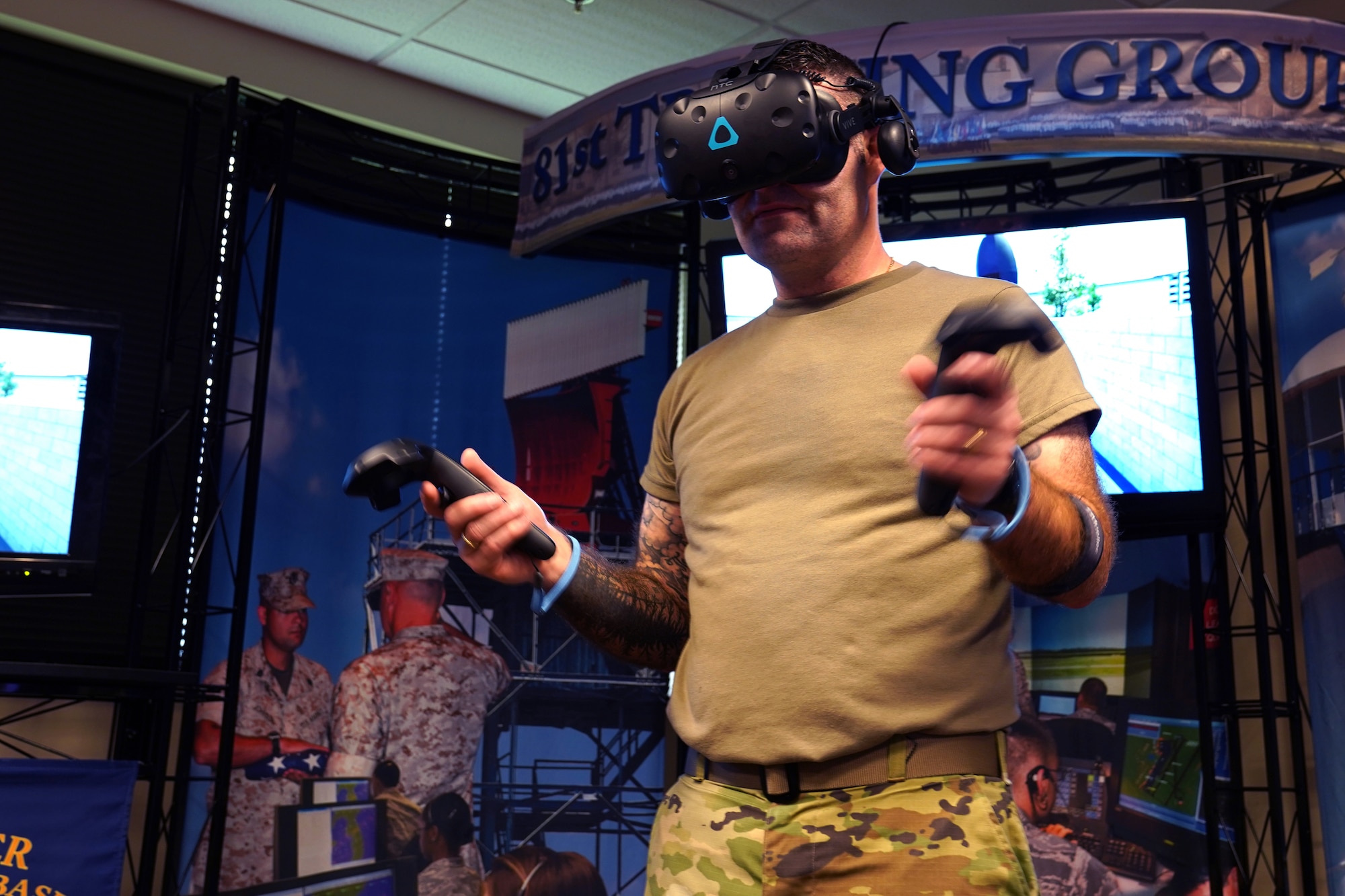 U.S. Air Force Master Sgt. Nathan Cyr, 335th Training Squadron Precision Measurement Equipment Laboratory career field training manager, tests new virtual reality technology inside the Trainer Development Center at Keesler Air Force Base, Mississippi, Jan. 16, 2020. The 335th TRS has introduced a new VR training experience to teach the students in the PMEL career field more efficiently. (U.S. Air Force photo by Airman 1st Class Seth Haddix)