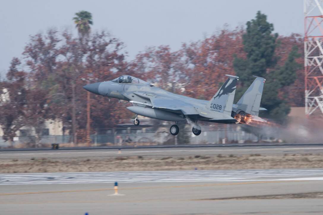 An F-15C Ealgle from the 144th Fighter Wing launches from the Fresno Yosemite International Airport to participate in an Orange Flag exercise along with Edwards Air Force Base and China Lake Naval Air Station over the skies of the Majave desert Dec. 10, 2019.