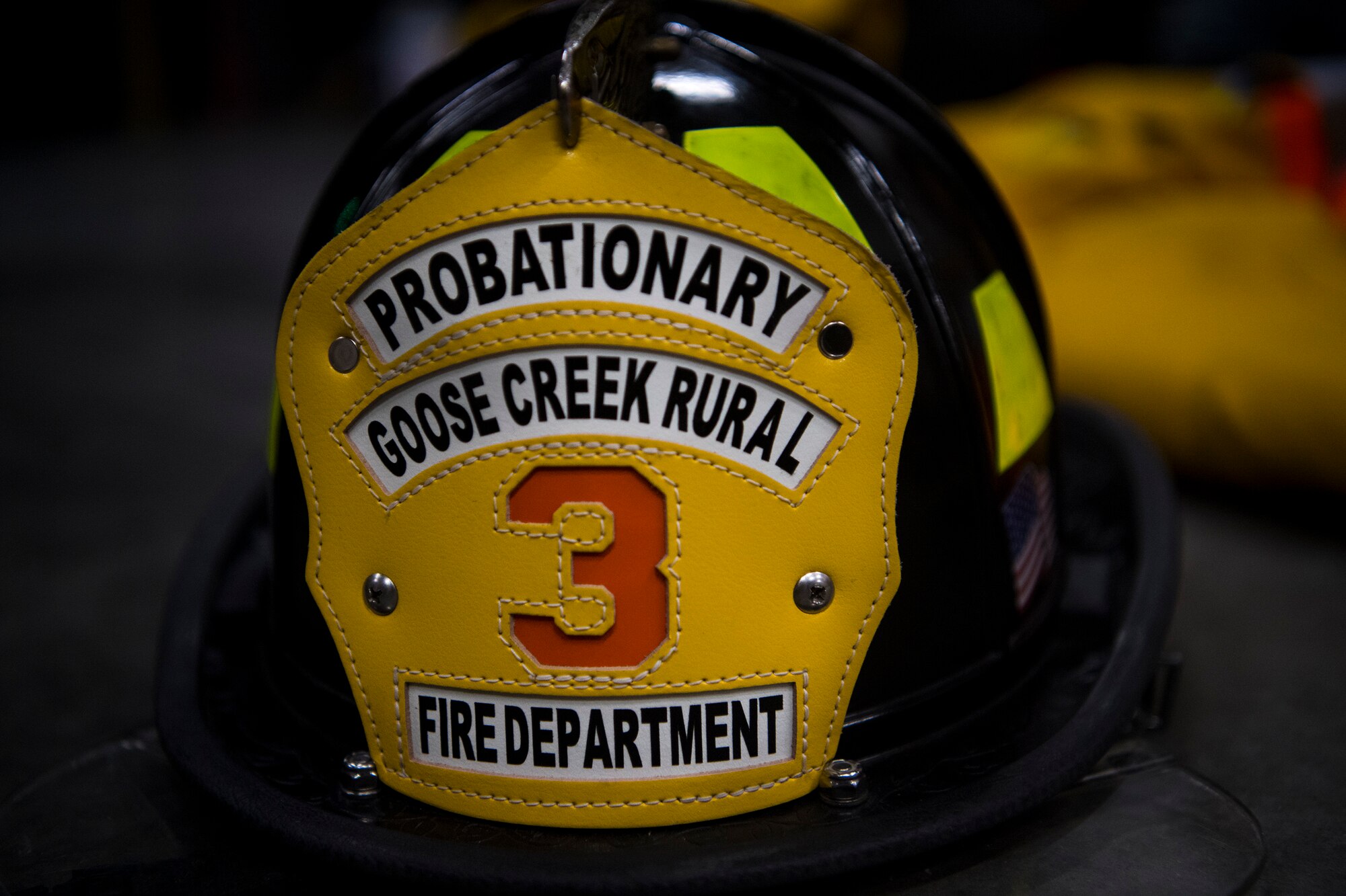 A helmet sits on the ground before being put on for weekly firehouse readiness training at the Goose Creek Rural Fire Department, Goose Creek, S.C., Dec. 3, 2019.