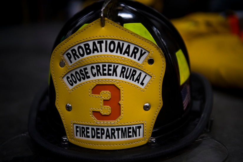 A helmet sits on the ground before being put on for weekly firehouse readiness training at the Goose Creek Rural Fire Department, Goose Creek, S.C., Dec. 3, 2019.