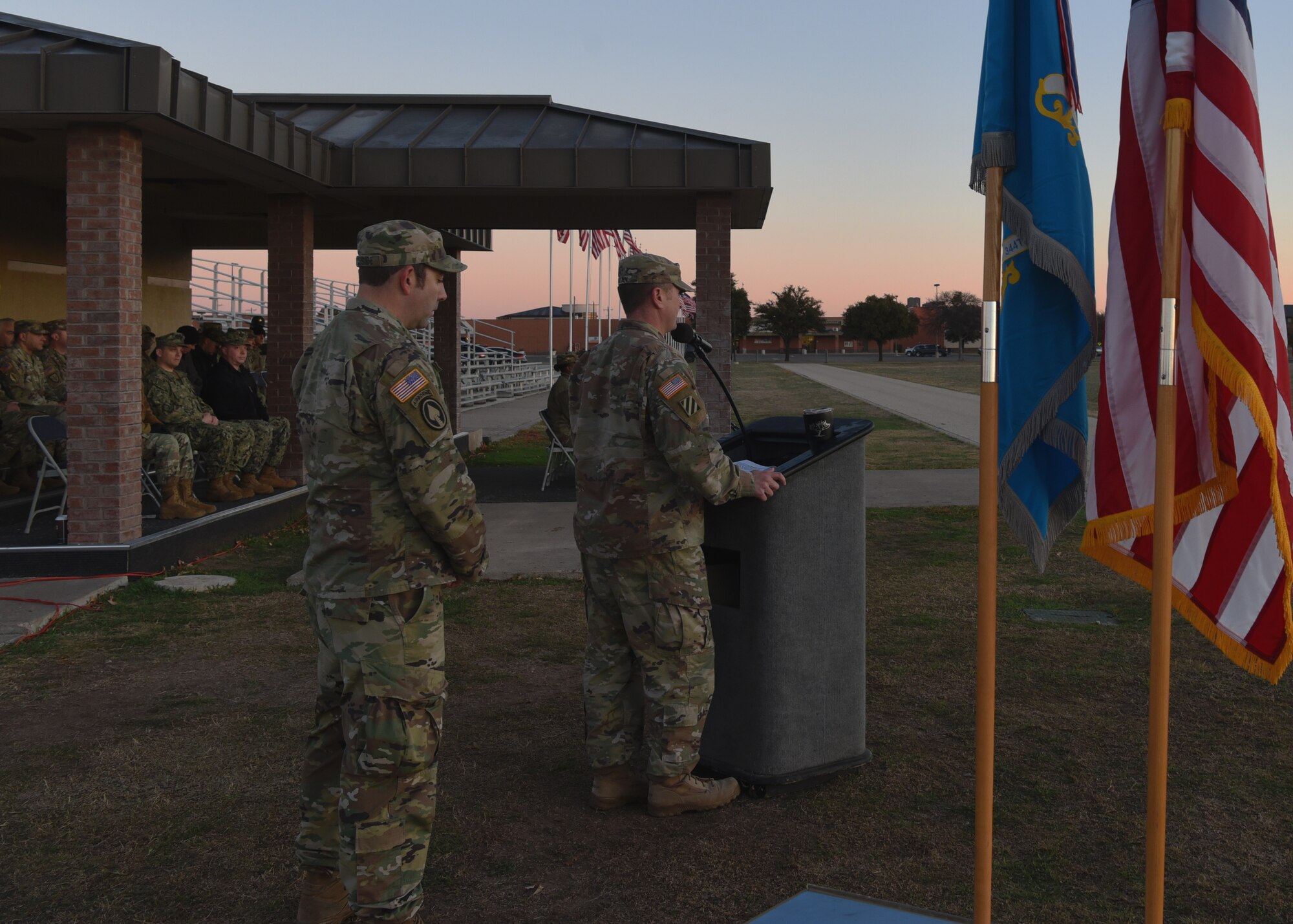 U.S. Army Lt. Col. Brian Ryan, 344th Military Intelligence Battalion commander, addresses the crowd at the Activation Ceremony and Assumption of Command of the Charlie Company on the parade field at Goodfellow Air Force Base, Texas, Jan. 24, 2019. The Assumption of Command affords Soldiers the opportunity to witness the formal assignment of the command’s authority and responsibility in their Company. (U.S. Air Force photo by Airman 1st Class Abbey Rieves)