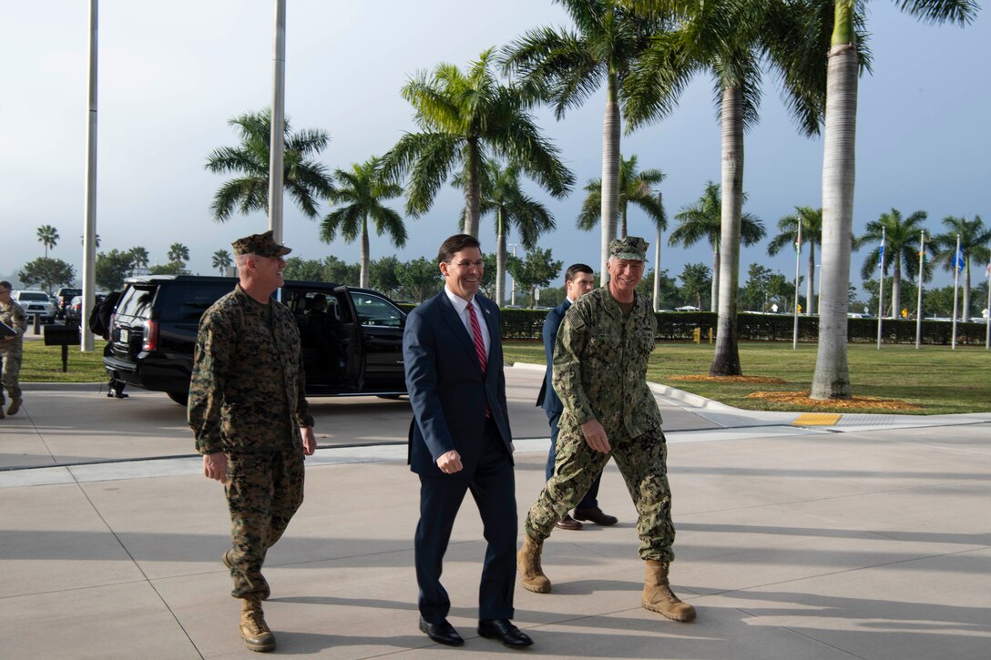 Defense Secretary Dr. Mark T. Esper meets with Adm. Craig S. Faller and Sgt. Maj. Bryan Zickefoose during his visit to the SOUTHCOM Headquarters, in Doral, Fl., Jan. 23, 2020.