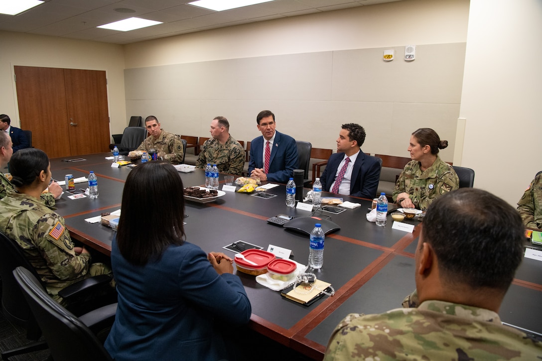 Defense Secretary Mark T. Esper hosts a working lunch with SOUTHCOM officers during his visit to the SOUTHCOM Headquarters, in Doral, Fl., Jan. 23, 2020.