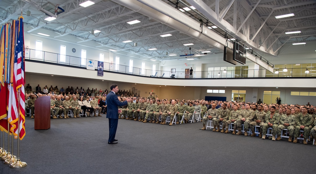 Defense Secretary Mark T. Esper speaks to SOUTHCOM service members and civilians during his visit to the SOUTHCOM Headquarters, in Doral, Fl., Jan. 23, 2020.