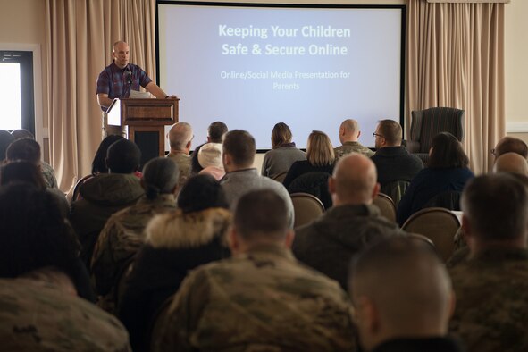 Tech. Sgt. Christopher Gransbury, Sexual Assault Prevention and Response team volunteer victim advocate, addresses the crowd at a child and teen internet safety presentation hosted by the FBI at the Minuteman Commons on Hanscom Air Force Base, Jan. 23. The presentation took place as part of National Slavery and Human Trafficking Prevention Month, observed annually in January.