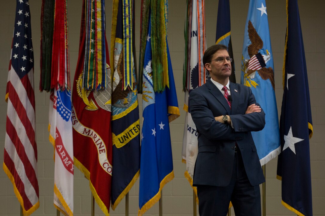 Defense Secretary Mark T. Esper speaks to SOUTHCOM service members and civilians during his visit to the SOUTHCOM Headquarters, in Doral, Fl., Jan. 23, 2020.