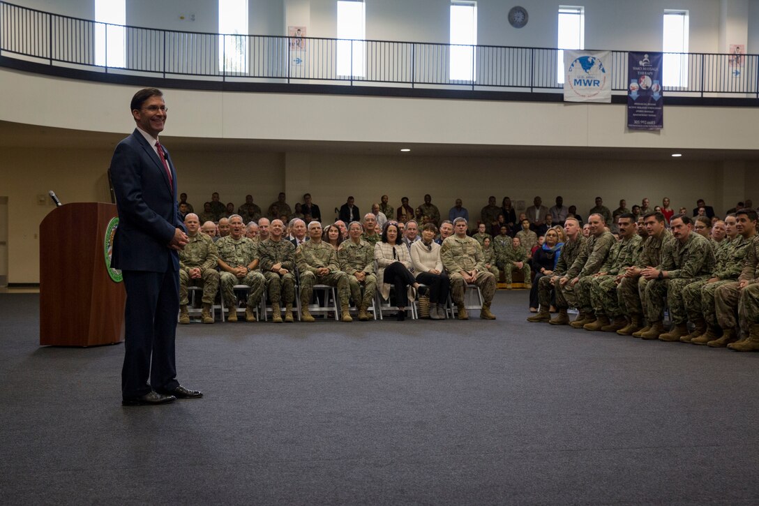 Defense Secretary Mark T. Esper speaks to SOUTHCOM service members and civilians during his visit to the SOUTHCOM Headquarters, in Doral, Fl., Jan. 23, 2020.
