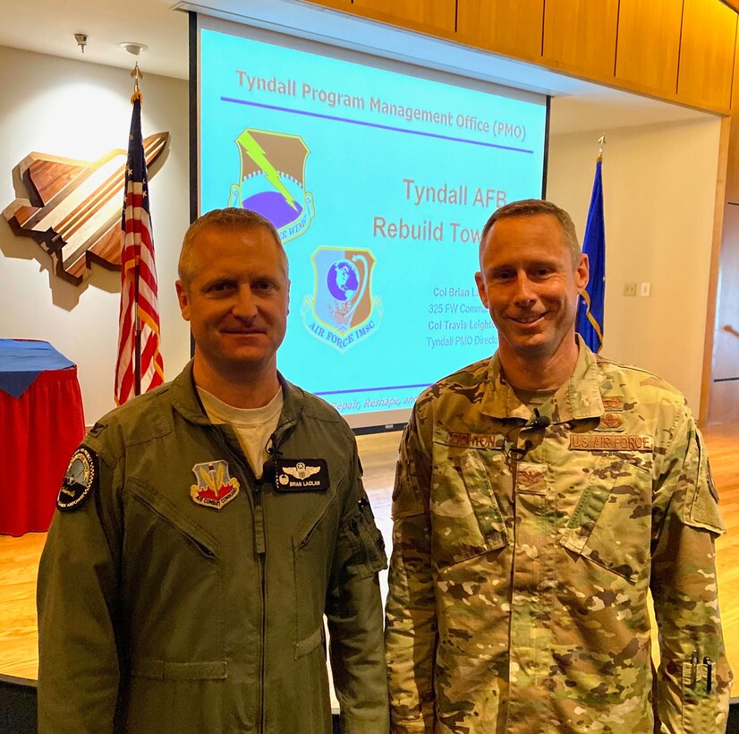 In a joint effort to share their vision of the “Installation of the Future,” Col. Brian Laidlaw, 325th Fighter Wing commander, and Col. Travis Leighton, Tyndall Program Management Office director, spoke to Airmen, their families and base personnel during a town hall session at Tyndall Air Force Base, Fla. Jan. 23, 2020.