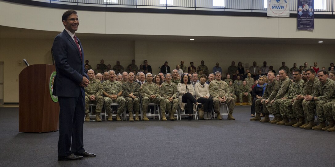 Defense Secretary Mark T. Esper speaks to SOUTHCOM service members and civilians during his visit to the SOUTHCOM Headquarters, in Doral, Fl., Jan. 23, 2020. (DoD photo by Marine Cpl. Amy Phan)