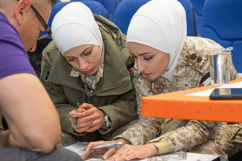 A U.S. Army Soldier (left), with Military Engagement Team-Jordan, 158th Maneuver Enhancement Brigade, Arizona Army National Guard, plots points on a map with Jordan Armed Forces-Arab Army (JAF) Quick Reaction Force Female Engagement Team members during a Map Reading Subject Matter Expert Exchange at a base outside of Amman, Jordan Jan. 13, 2020. The United States will protect our people and interests anywhere they are found around the world and is committed to the security of Jordan and to the partnering closely with the JAF to meet common security challenges. (U.S. Army photo by Sgt. 1st Class Shaiyla B. Hakeem)