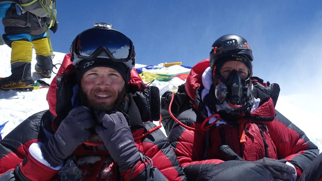 (Left to right) Tech. Sgt. Daniel Wehrly, 931st Maintenance Squadron Technology craftsman, poses with his friend, Thomas Becker, at the top of Mount Everest, May 23, 2019.  Wehrly, a Traditional Reservist, started the summit with two friends and a team of seven local Sherpas to assist them.  The two-month journey began as a personal challenge for Wehrly, an active climber who had already scaled a number of mountains in the U.S.