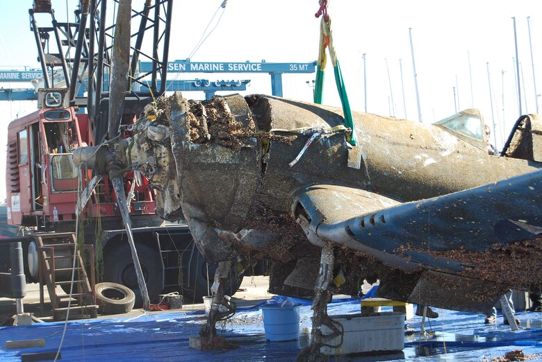 Recovery of Vought F4U-1 “Birdcage” Corsair Fighter, Nov. 8, 2010. (Photo courtesy of A and T Recovery).