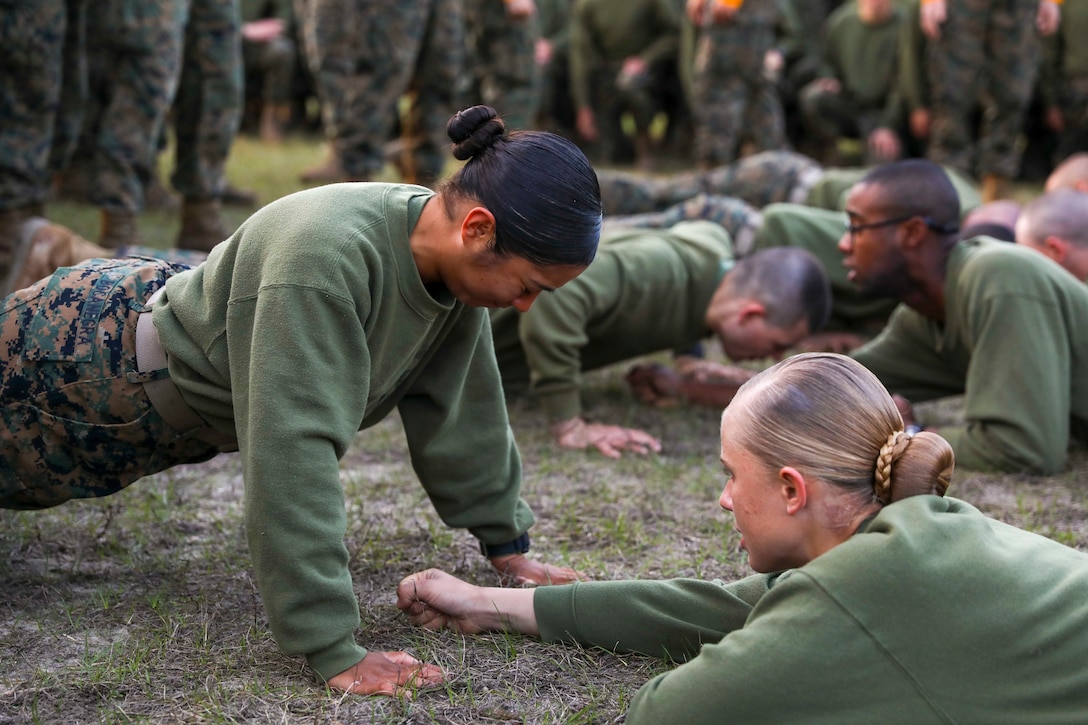 A group of Marines perform pushups.