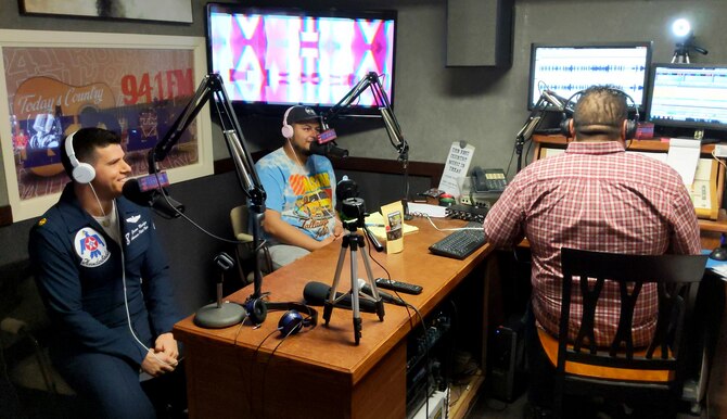 Maj. Jason Markzon, U.S. Air Force Aerial Demonstration Squadron, also known as the “Thunderbirds”, speaks with KDLK 94.1 FM hosts, during a radio broadcast in Del Rio, Texas on 24 Jan. 2020. Markzon visited Del Rio and Laughlin Air Force Base as part of the U.S. Air Force "Thunderbirds" advanced site survey to prepare for the 2020 'Fiesta of Flight' air & space expo on 14 March 2020. (U.S. Air Force photo by Senior Airman John A. Crawford)
