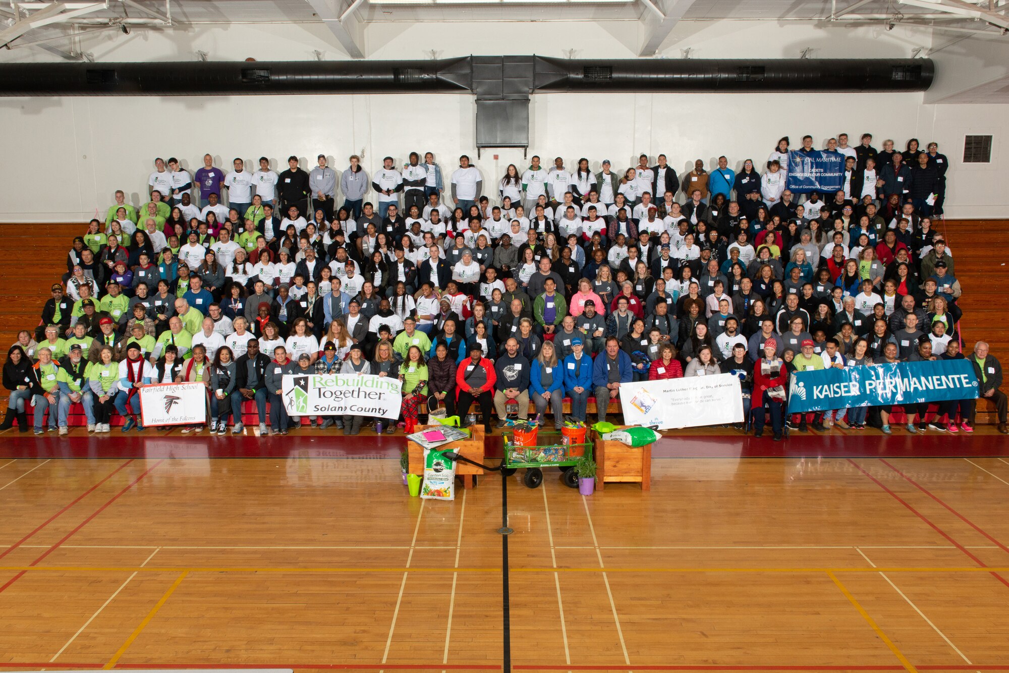 Rebuilding Together Solano County volunteers pose for photo Jan. 20, 2020, at Fairfield High School, Fairfield, California. The Rebuilding Together Solano County organization hosts an annual Martin Luther King Jr. Day of Service event where various volunteers help rebuild the community. This year marked their 11th annual Martin Luther King Jr. Day of Service event. More than 300 workers, including 31 Travis Airmen, volunteered to make their community a better and safer place. (Courtesy photo)