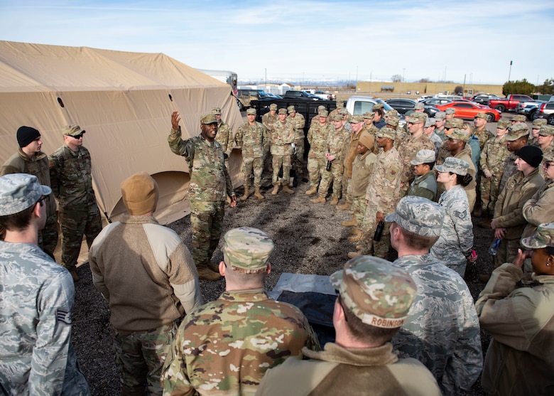 Chief Master Sgt. Wendell Snider, 366th Fighter Wing command chief, addresses the 366th Civil Engineer Squadron after their multi-capable Airman training, Jan. 23, 2020, at Mountain Home Air Force Base, Idaho. This training was conducted to equip Airman with skills from other career fields to enhance their readiness. (U.S. Air Force photo by Senior Airman Tyrell Hall)