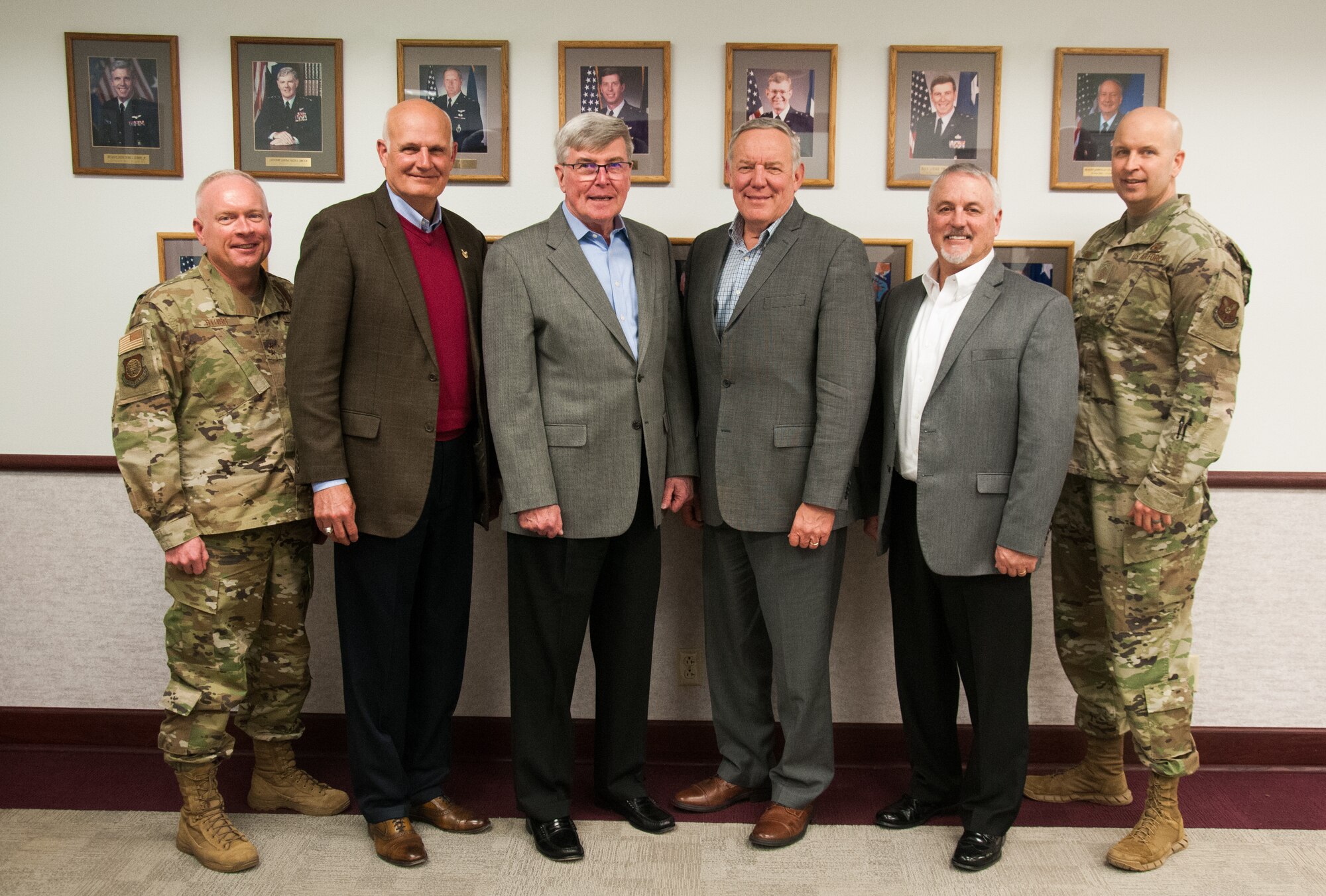 Maj. Gen. Fred Stoss, 20th Air Force commander; retired Maj. Gens. Roger Burg, Tim McMahon, Don Alston and retired Brig. Gen. Mike Carrey; Chief Master Sgt. Charles Orf, 20th Air Force command chief, pose for a photo during the 20th Air Force Commander’s Roundtable, F. E. Warren Air Force Base, Wyo., Jan. 23, 2020. The event was the largest gathering of past 20 AF commanders in 20 AF history.