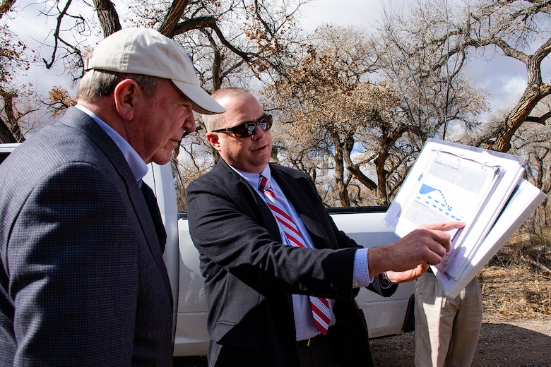 Albuquerque, N.M. -- Ryan Gronewold, planning branch chief, USACE-Albuquerque District, briefs a civil works levee project to R.D. James, assistant secretary of the Army for civil works, during his visit, Jan. 22. James met with project sponsors and key stakeholders to discuss civil works projects in the Middle Rio Grande region including the Bernalillo to Belen Flood Protection and Sandia to Isleta Ecosystem Restoration.