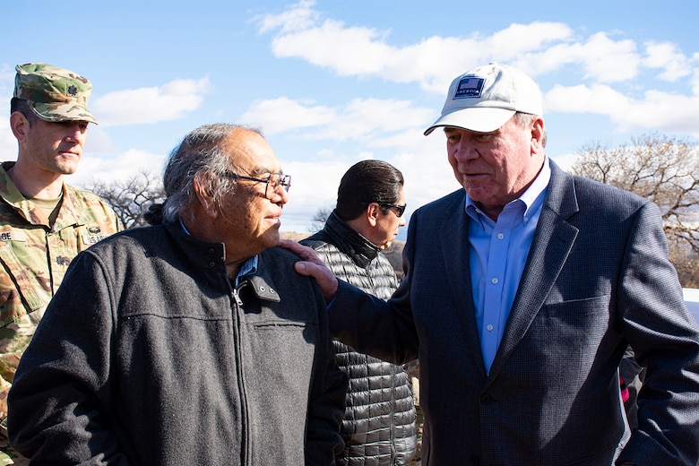 Albuquerque, N.M. -- R.D. James, assistant secretary of the Army for civil works, meets with Max Zuni, governor, Pueblo of Isleta, during James' visit to U.S. Army Corps of Engineers-Albuquerque District Jan. 22. They discussed the Middle Rio Grande Bernalillo to Belen Flood Protection civil works project, which will assist in protecting Pueblo lands when completed.