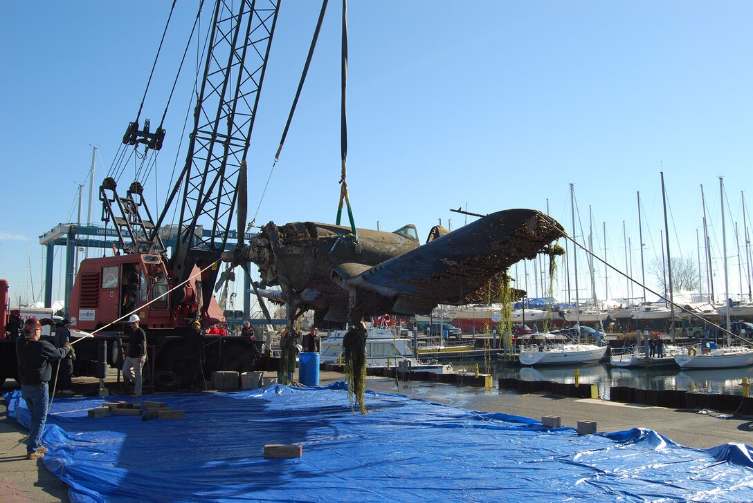 Recovery of Vought F4U-1 “Birdcage” Corsair Fighter, Nov. 8, 2010. (Photo courtesy of A and T Recovery).
