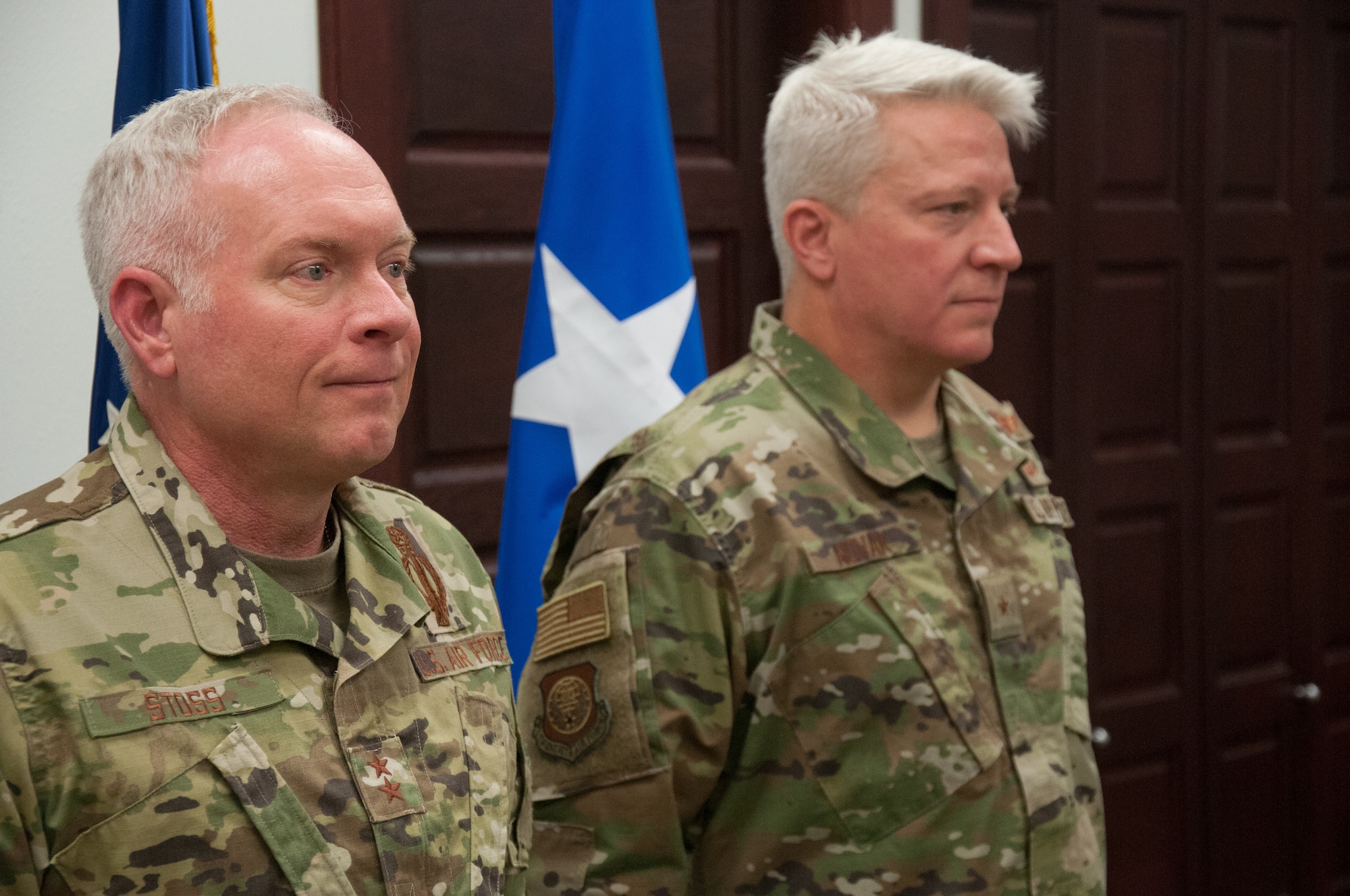 Maj. Gen. Fred Stoss, 20th Air Force commander, and Brig. Gen. Erich Novak, Mobilization Assistant (MA) to the 20th Air Force commander, stand at attention during a Legion of Merit Medal presentation, F. E Warren Air Force Base, Wyo., Jan 21, 2020. Novak was presented the Legion of Merit Medal for his accomplishments as the Mobilization Assistant to the 20th Air Force commander.