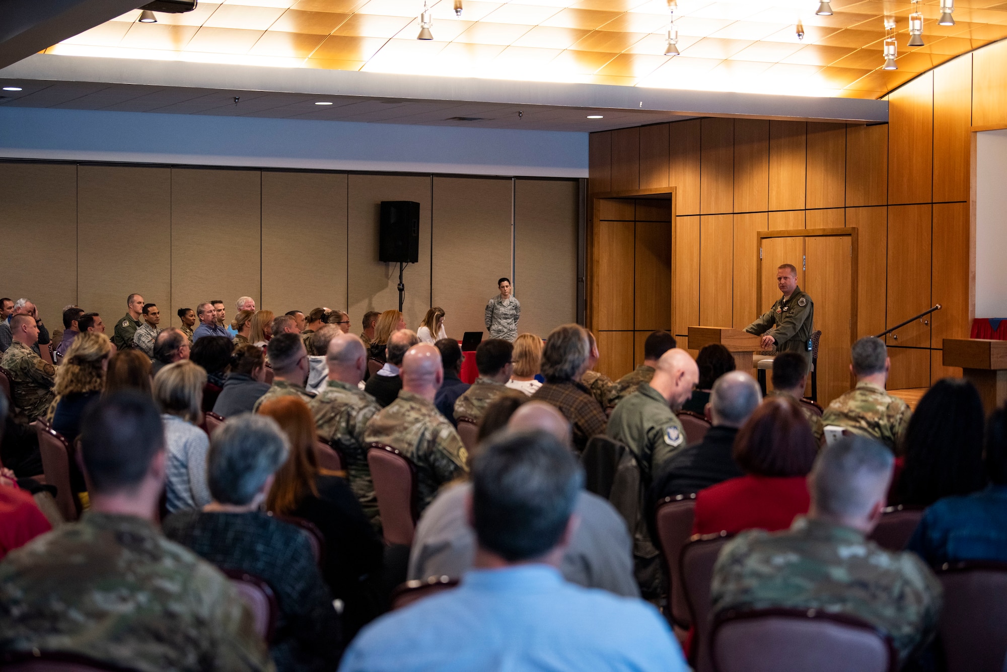Col. Brian Laidlaw, 325th Fighter Wing commander, discusses the impact of Hurricane Michael during a rebuild town hall session at Tyndall Air Force Base, Florida, Jan. 23, 2020.