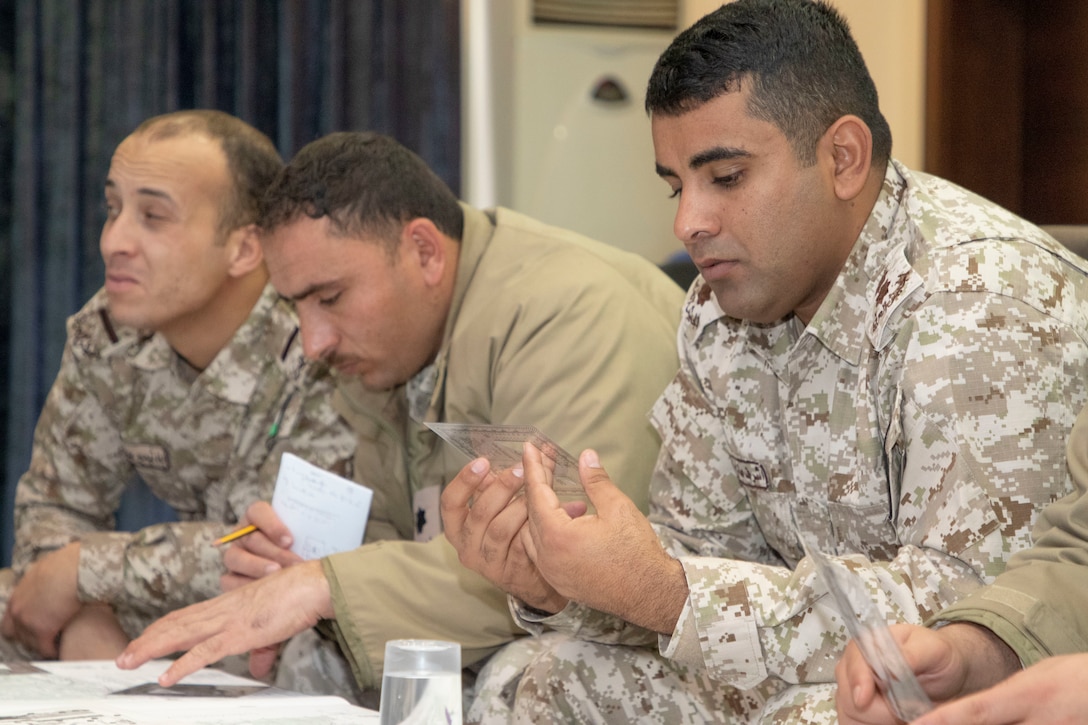 Jordan Armed Forces-Arab Army (JAF) Soldiers examine map protractors during a Map Reading Subject Matter Expert Exchange with Military Engagement Team-Jordan, 158th Maneuver Enhancement Brigade, Arizona Army National Guard, a base outside of Amman, Jordan Jan. 13, 2020. The United States will protect our people and interests anywhere they are found around the world and is committed to the security of Jordan and to the partnering closely with the JAF to meet common security challenges. (U.S. Army photo by Sgt. 1st Class Shaiyla B. Hakeem)