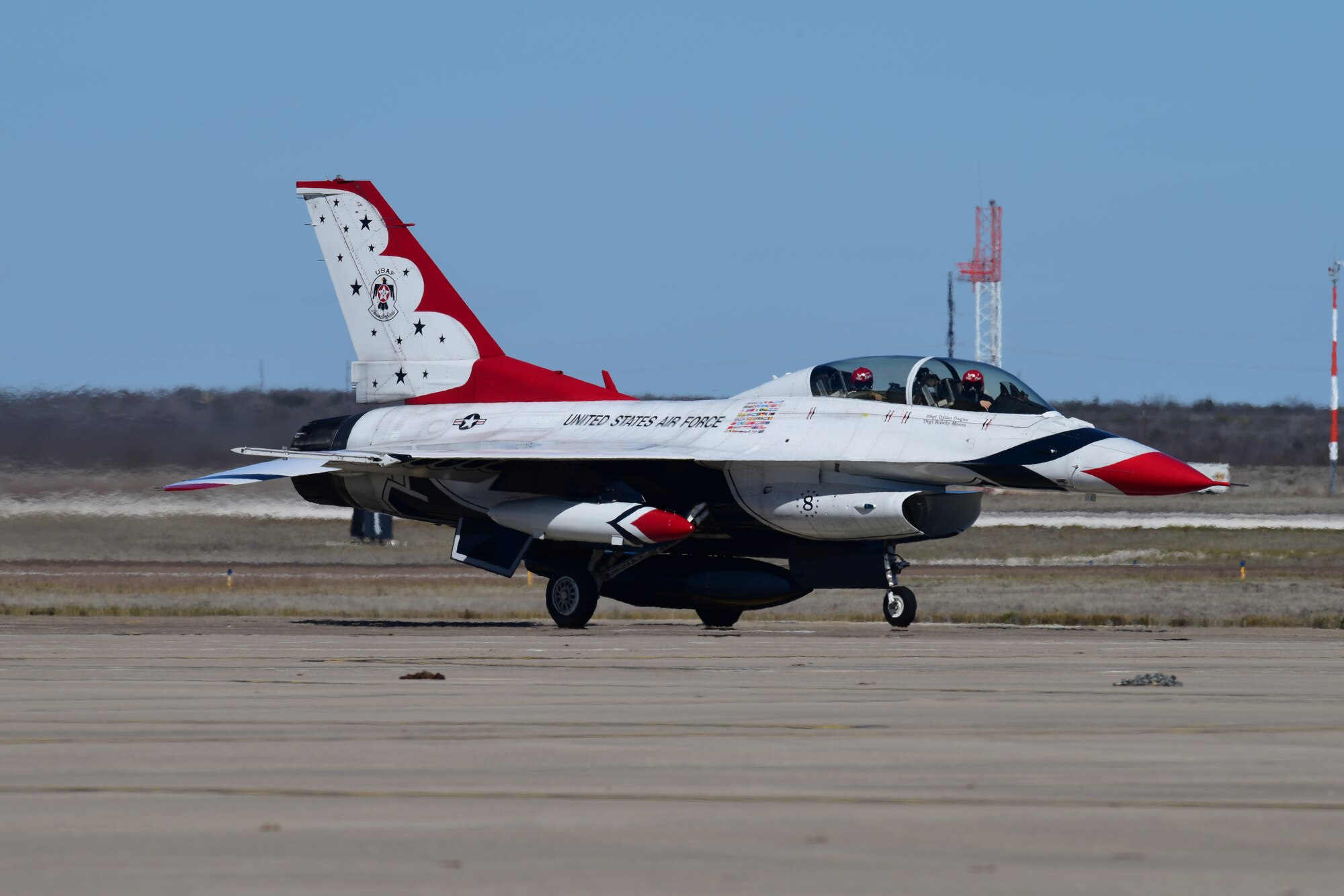 Maj. Jason Markzon, U.S. Air Force Aerial Demonstration Squadron, also known as the “Thunderbirds”, taxis on the flightline at Laughlin Air Force Base, Texas on 23 Jan. 2020. Markzon visited Del Rio and Laughlin Air Force Base as part of the U.S. Air Force "Thunderbirds" advanced site survey to prepare for the 2020 'Fiesta of Flight' air & space expo on 14 March 2020. (U.S. Air Force photo by Senior Airman John A. Crawford)
