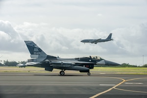 An F-16 Fighting Falcon, assigned to the 18th Aggressor Squadron, taxis down the flight line Jan. 17, 2020, at Joint Base Pearl Harbor-Hickam, Hawaii, during exercise Sentry Aloha 20-1. The Falcon, and other combat aircraft, received in-air refueling from KC-135 Stratotankers, from the 128th Air Refueling Wing, Wisconsin Air National Guard, throughout a series of dissimilar-air-combat-training missions. Sentry Aloha is a Hawaii Air National Guard-led exercise, which provides participants a multi-faceted, joint venue with supporting infrastructure and personnel. (U.S. Air National Guard photo by Senior Airman John Linzmeier)