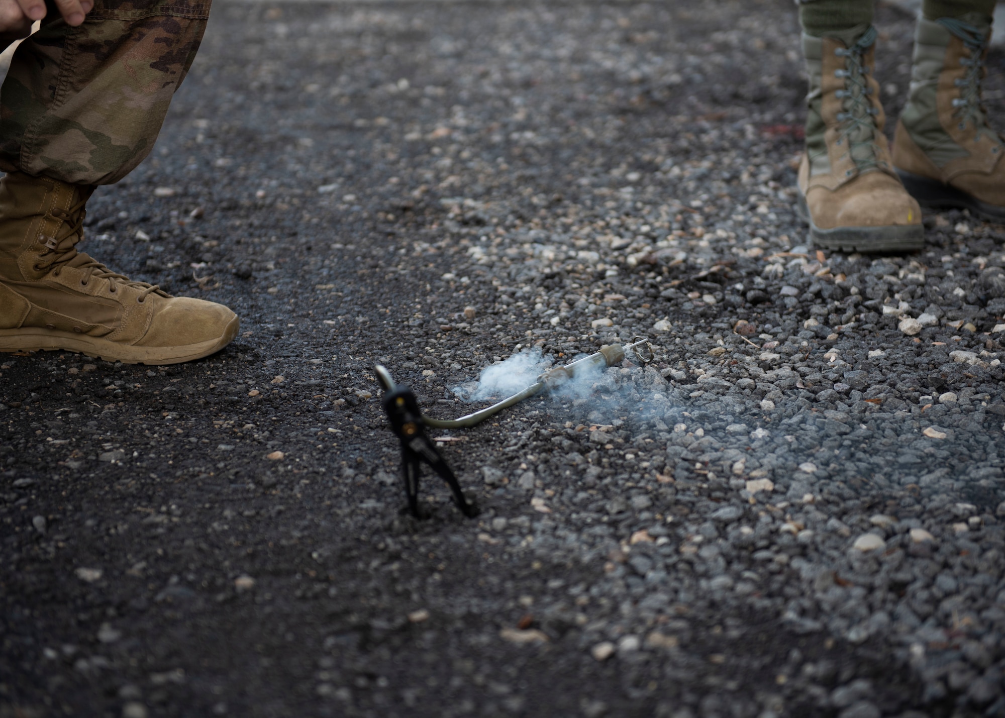 A fuse burns during a time fuse burn test at a multi-capable Airman training, Jan. 23, 2020, at Mountain Home Air Force Base, Idaho. These fuses are used by explosive ordinance disposal technicians to build counter-detonation explosives downrange. (U.S. Air Force photo by Senior Airman Tyrell Hall