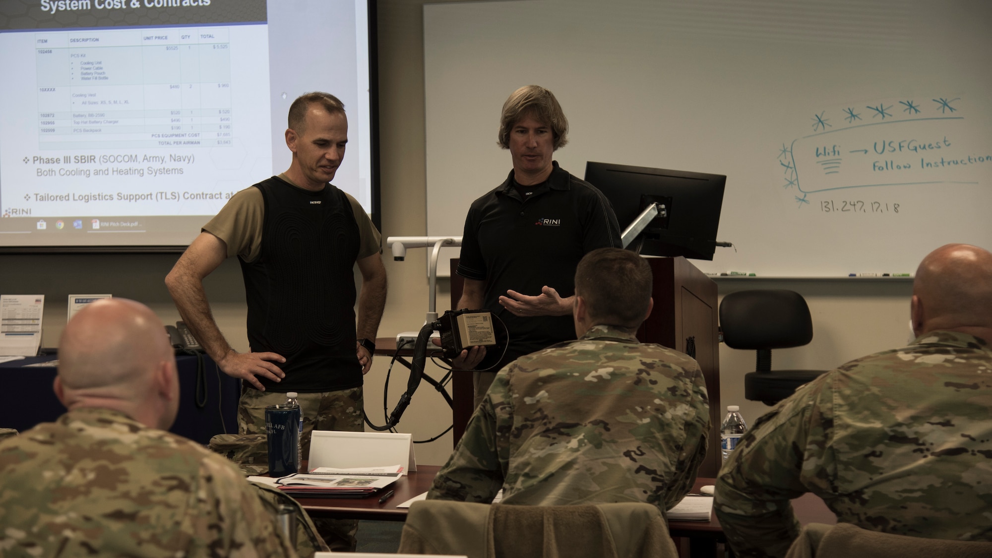 Dan Rini, the Rini Technologies president, presents a proposal for a personal cooling system to 6th Air Refueling Wing leadership, during MacDill Pitch Day Jan. 22, 2020, in Tampa, Fla.  MacDill Pitch Day provides an opportunity for MacDill Air Force Base to partner with small businesses to find solutions to challenges on base.