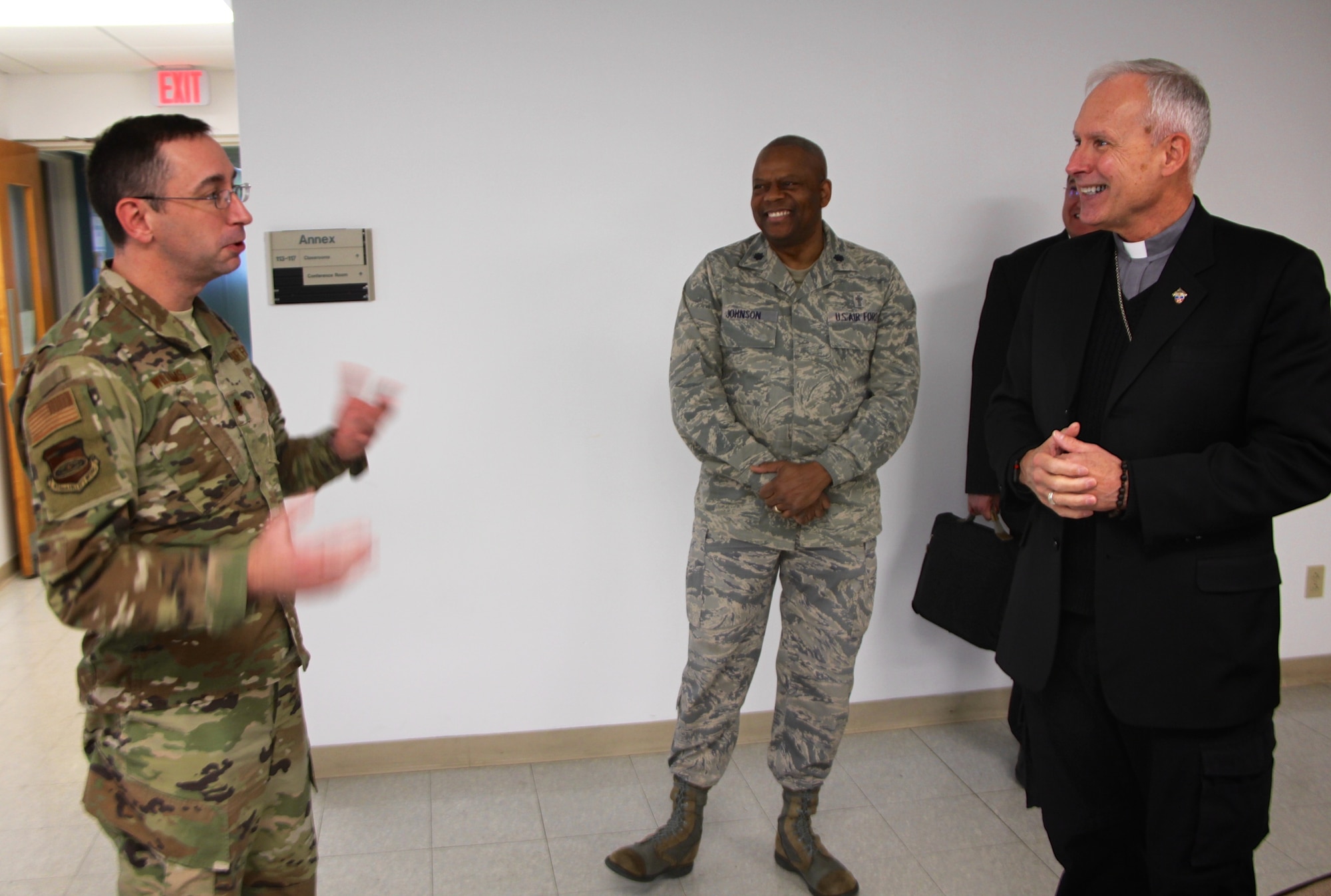 932nd Airlift Wing Chaplain (Maj.) Michael Williams greets special guest Bishop Richard Spencer, the Roman Catholic Auxiliary Bishop for the Archdiocese of Military Services, who visited Scott Air Force Base recently.