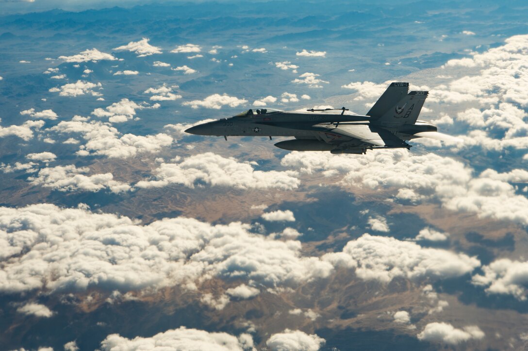 A U.S. Navy F/A-18 Super Hornet flies over Afghanistan, Jan. 14, 2020.