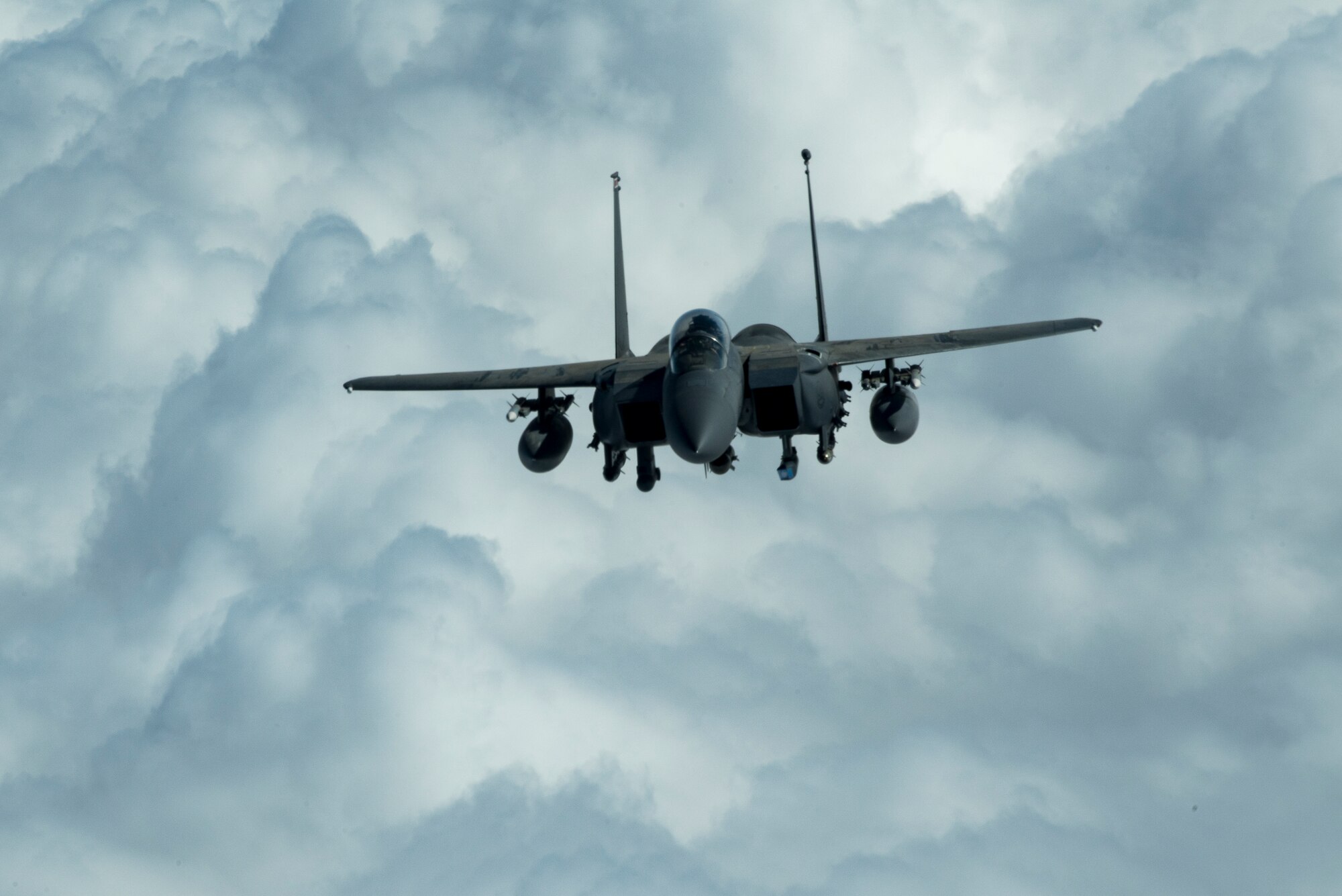 A U.S. Air Force F-15E Strike Eagle assigned to the 494th Expeditionary Fighter Squadron flies above the U.S. Central Command area of responsibility, Jan. 13, 2020.