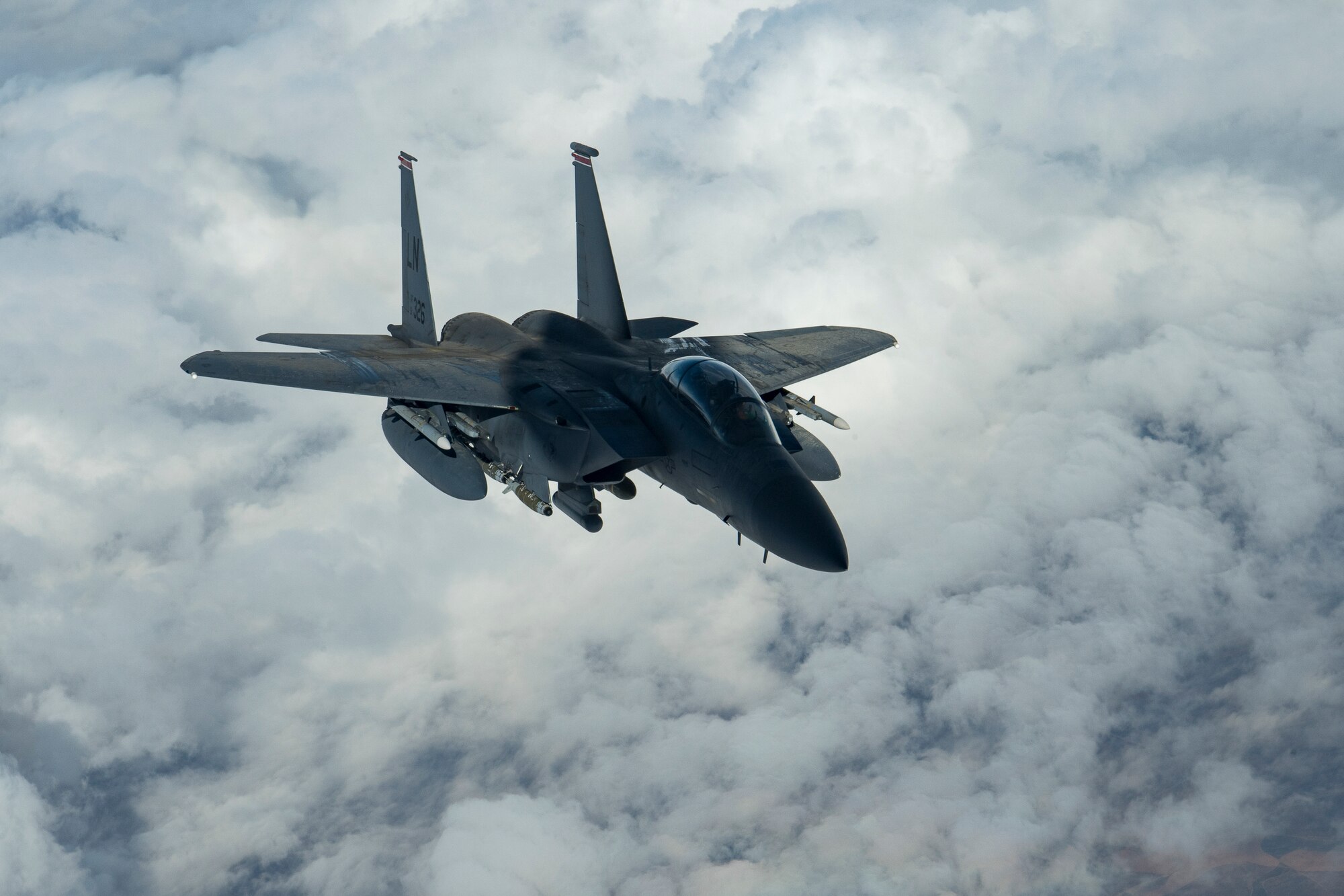 A U.S. Air Force F-15E Strike Eagle assigned to the 494th Expeditionary Fighter Squadron flies above the U.S. Central Command area of responsibility, Jan. 13, 2020.