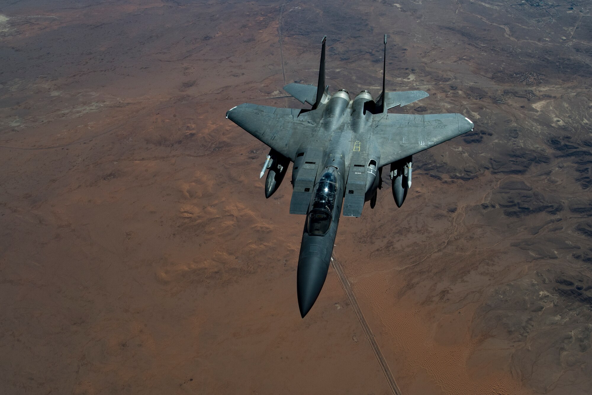 A U.S. Air Force F-15E Strike Eagle assigned to the 494th Expeditionary Fighter Squadron flies above the U.S. Central Command area of responsibility, Jan. 13, 2020. The F-15E Strike Eagle is a dual-role fighter designed to perform air-to-air and air-to-ground missions.