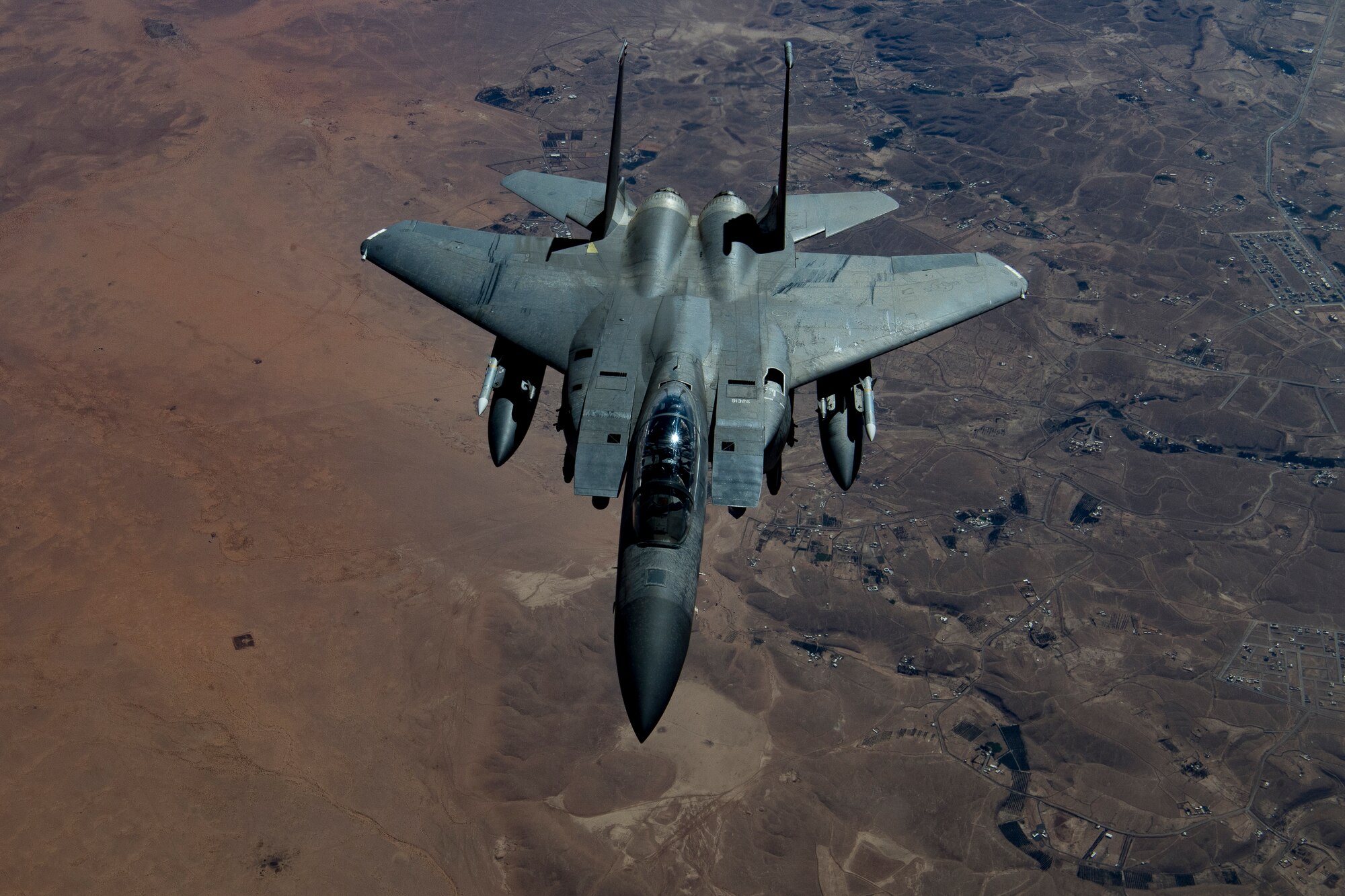 A U.S. Air Force F-15E Strike Eagle assigned to the 494th Expeditionary Fighter Squadron flies above the U.S. Central Command area of responsibility, Jan. 13, 2020.