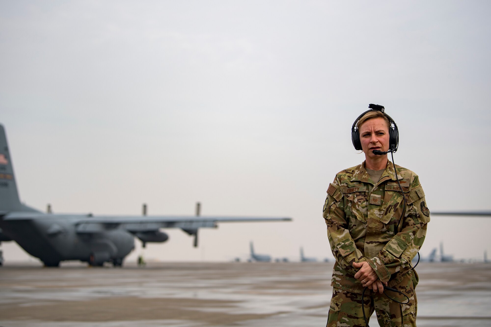 A U.S. Air Force C-130 Hercules loadmaster assigned to the 746th Expeditionary Airlift Squadron performs preflight checks at Al Udeid Air Base, Qatar, Dec. 15, 2019.