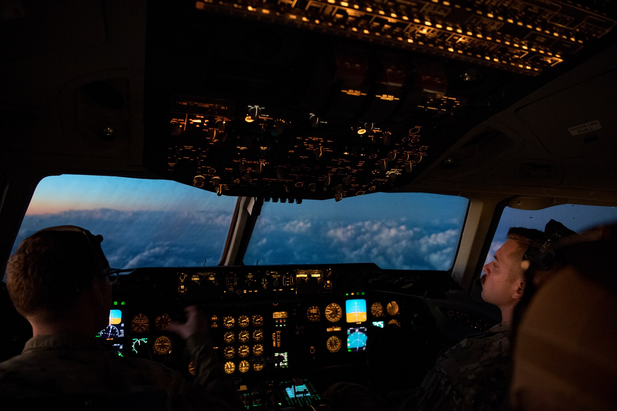 U.S. Air Force KC-10 Extender pilots assigned to the 908th Expeditionary Air Refueling Squadron fly above the U.S. Central Command area of responsibility, Jan. 11, 2020.